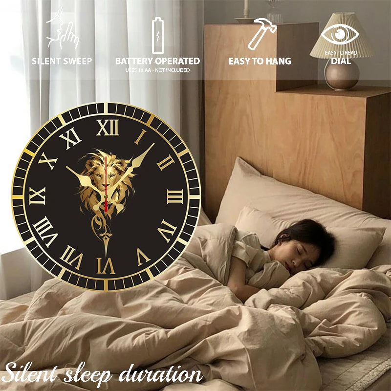 Horloge Mural Lion Doré Romain Bois Silencieuse
