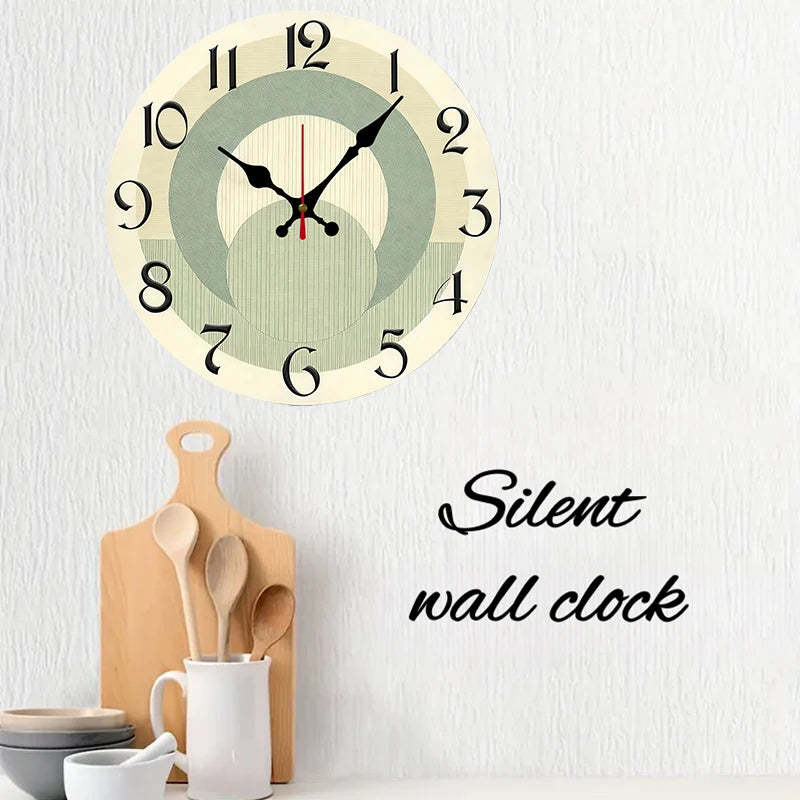 Horloge Mural Bois Ronde Silencieuse Vert Beige Déco