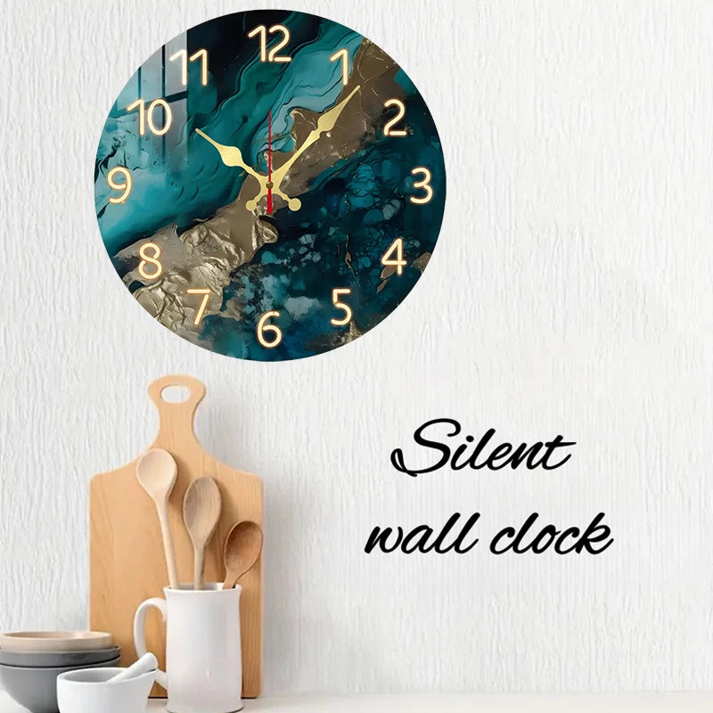 Horloge Murale Ronde Silencieuse Marbre Vert Bois Design