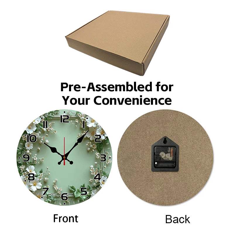 Horloge Mural Bois Ronde Couronne Verte Silencieuse Romantique