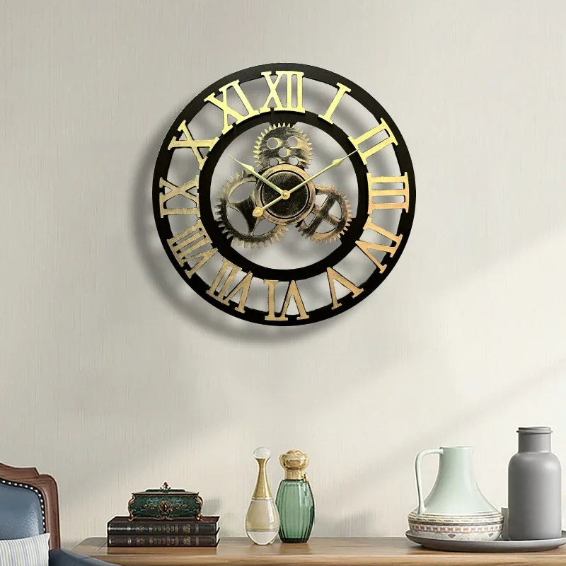 Horloge Mural Bois Engrenages Rétro Silencieuse 3D