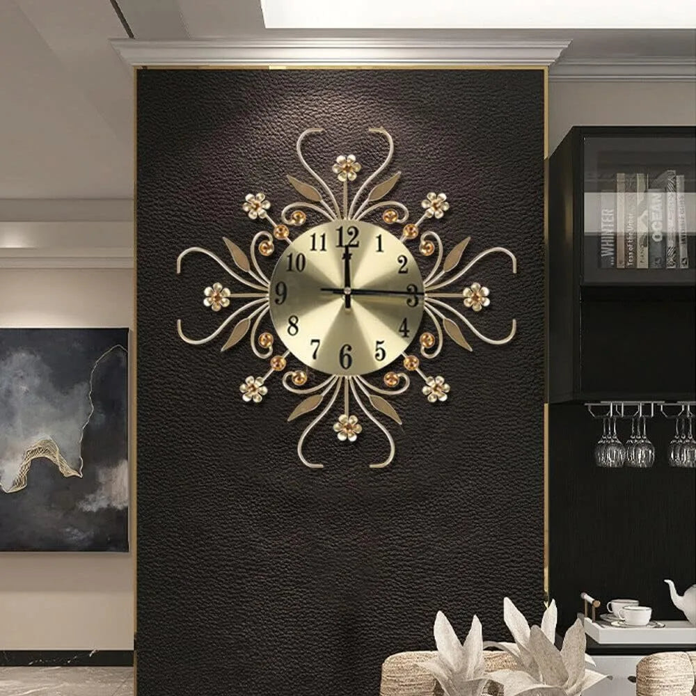 Horloge Mural 3D Fleur Diamant Or Métal Moderne