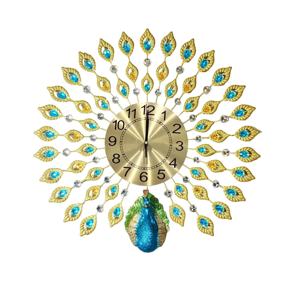 Horloge Mural Métal Luxe Paon Fleur Silencieux Quartz