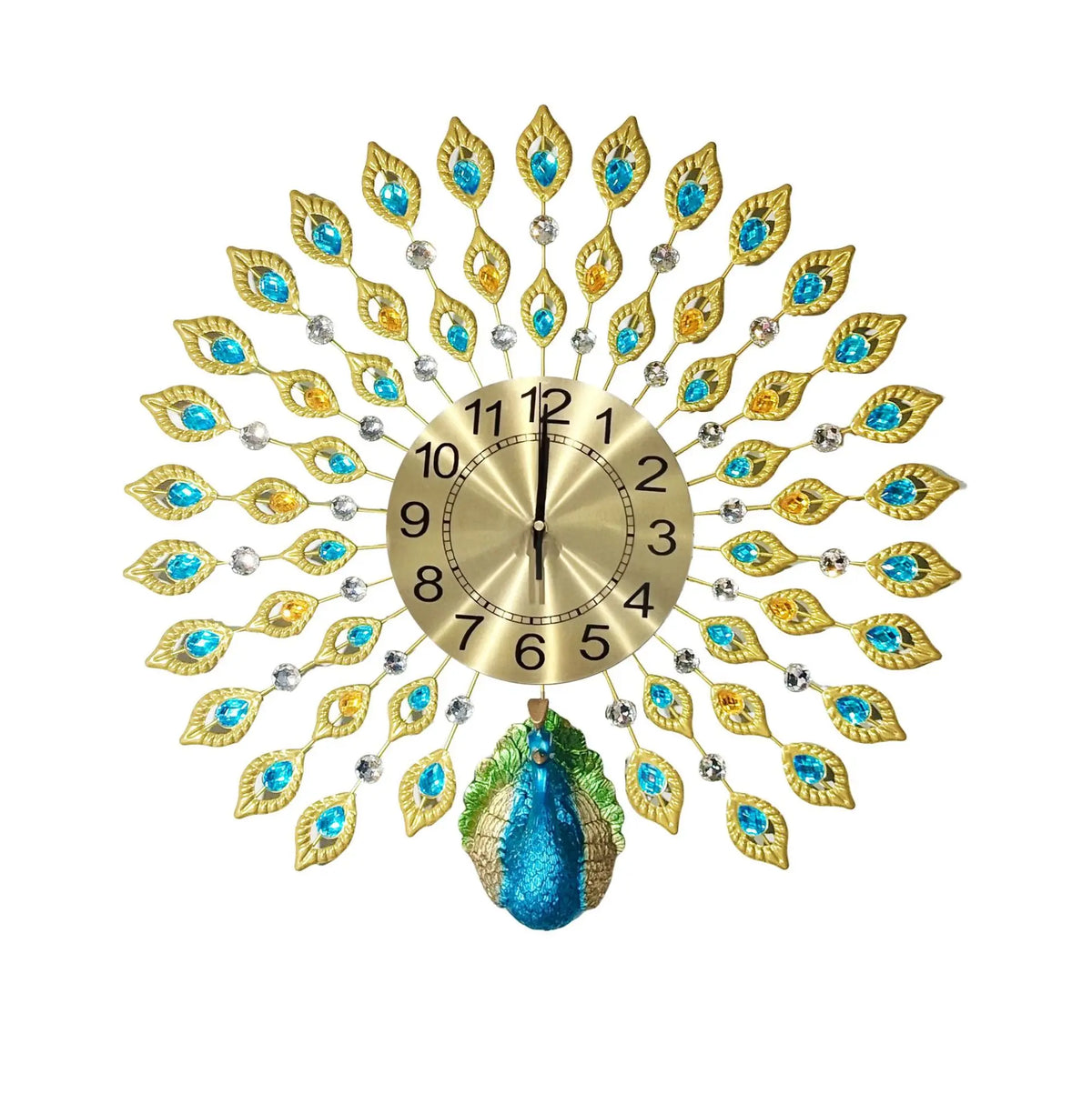 Horloge Mural Métal Luxe Paon Fleur Silencieux Quartz