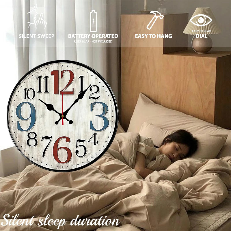 Horloge Mural Vintage Rustique Bois Silencieuse Ronde