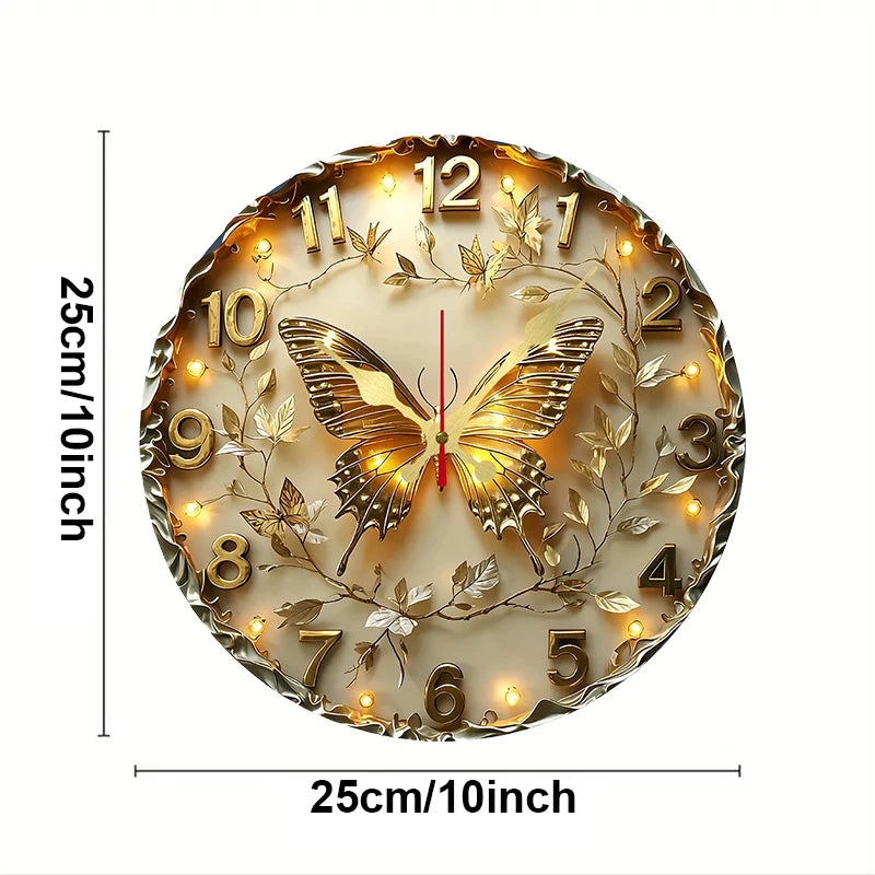 Horloge Mural Ronde Bois Papillon Doré Silencieuse Déco