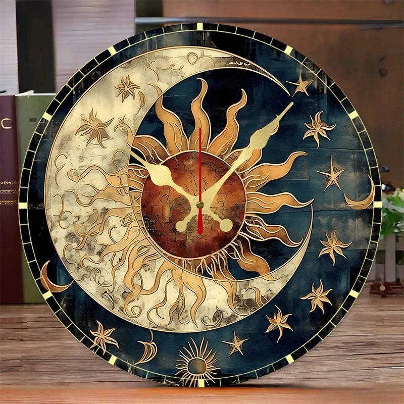 Horloge Mural Céleste Bois Soleil Lune Silencieuse Décoration
