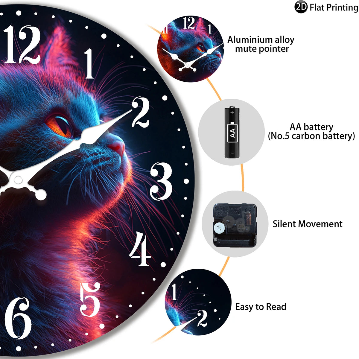 Horloge Murale Bois Silencieuse Chat Néon Lumineux