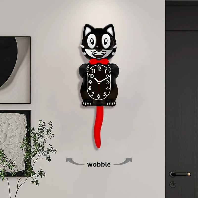 Horloge Mural Chat Noir Silencieuse Queue Balancier