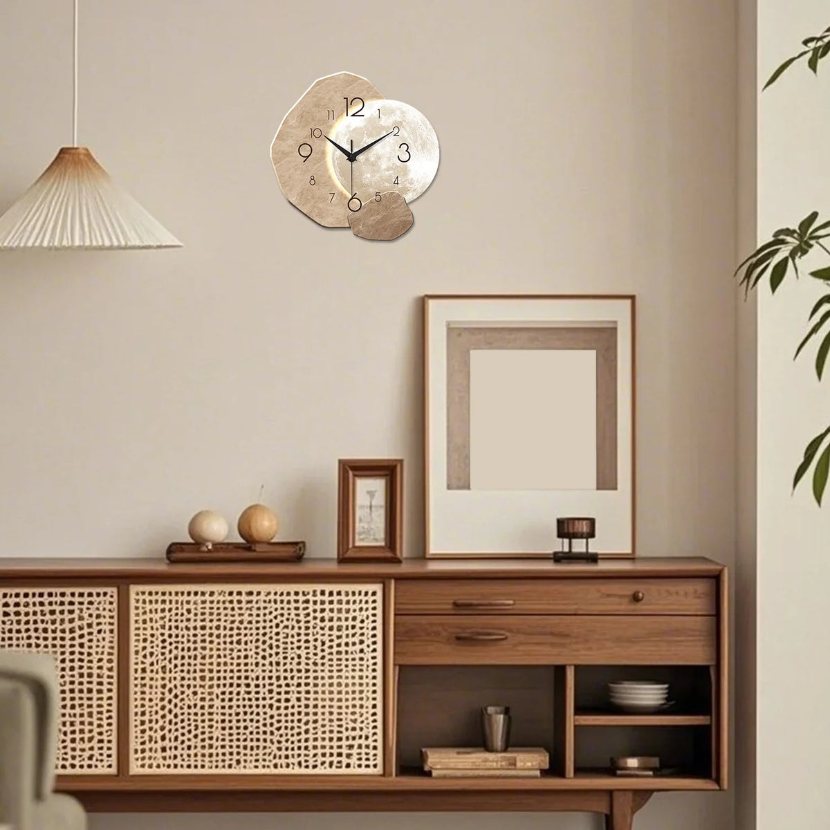 Horloge Mural Moderne Silencieuse Bois Lune Quartz
