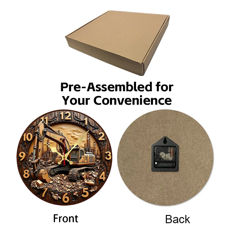 Horloge Mural Bois Excavatrice Industrielle Silencieuse Déco