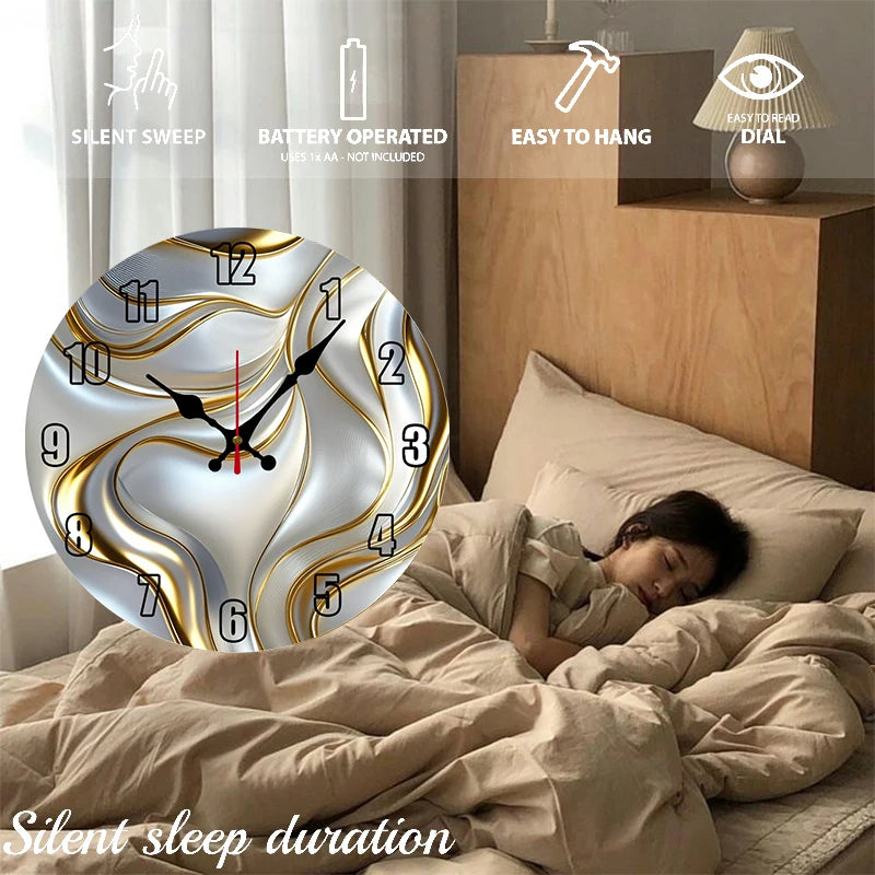 Horloge Mural Ronde Bois Vague Dorée Silencieuse