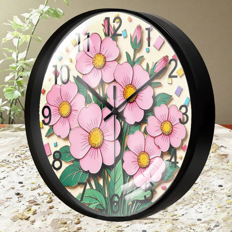 Horloge Murale Fleurs Roses Vives Cartoon Silencieuse Enfant