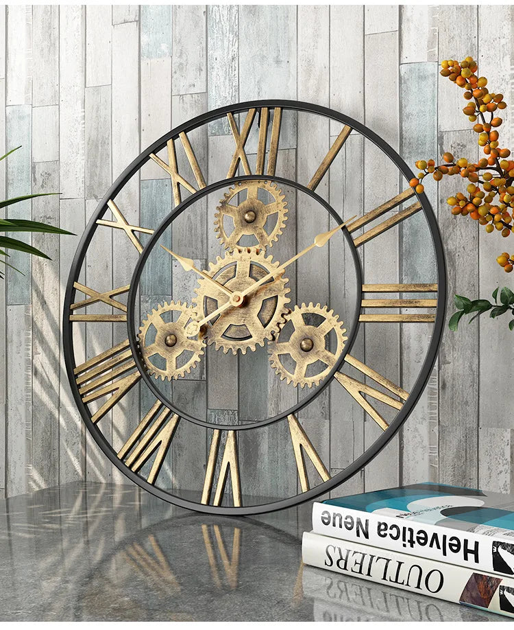Horloge Mural Rétro Engrenages Fer Décoration Salon