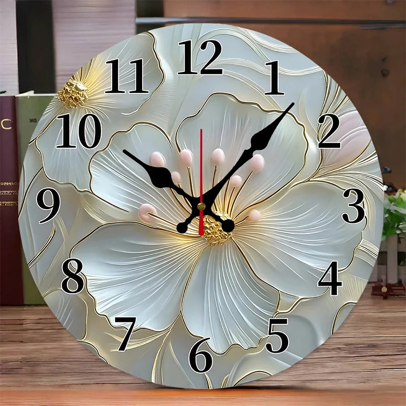 Horloge Mural Ronde Florale Rose Or Bois Silencieuse