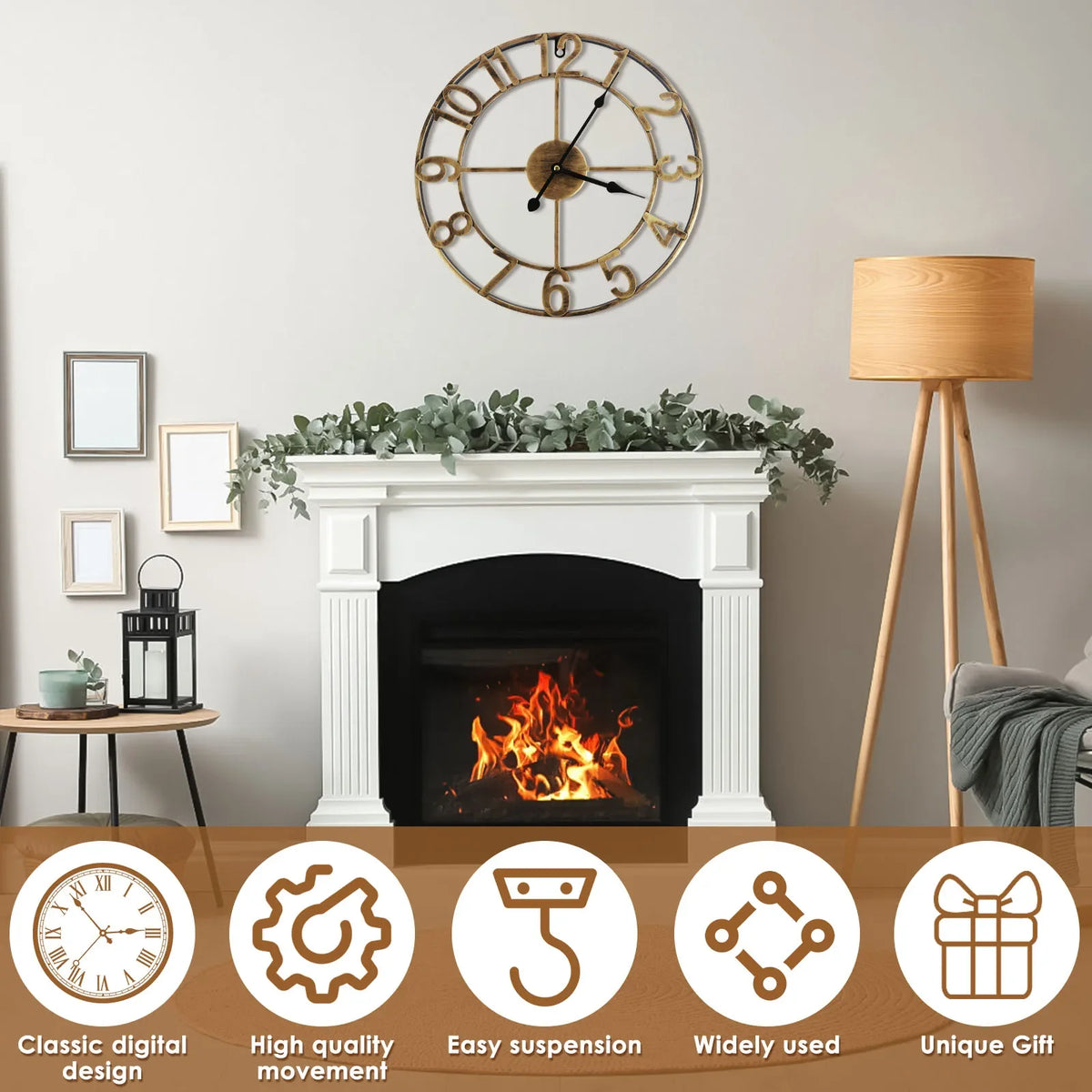 Horloge Mural Vintage Rustique Fer Silencieuse Décorative