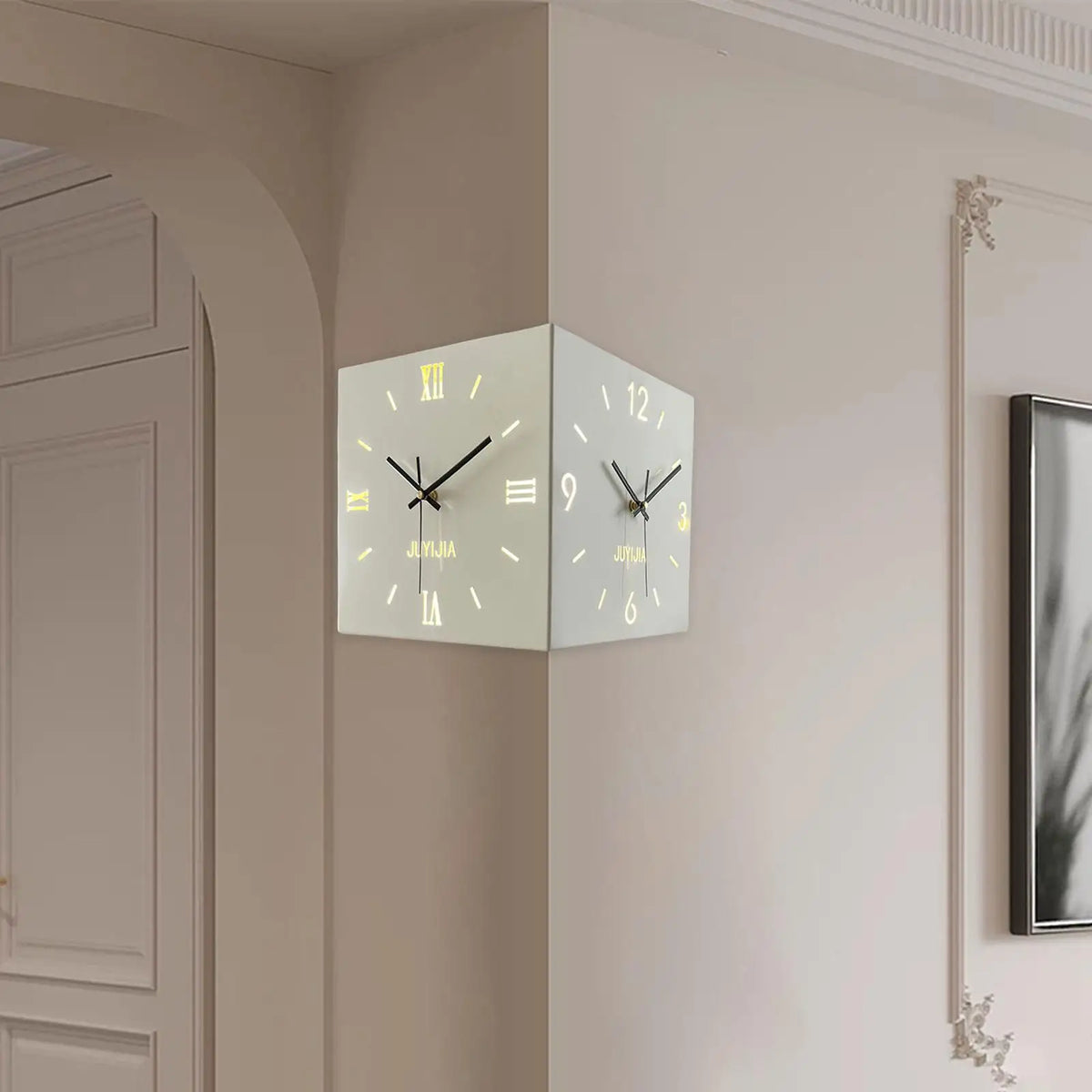 Horloge Mural Coin Double Face Lumineuse Fer Moderne Silencieuse