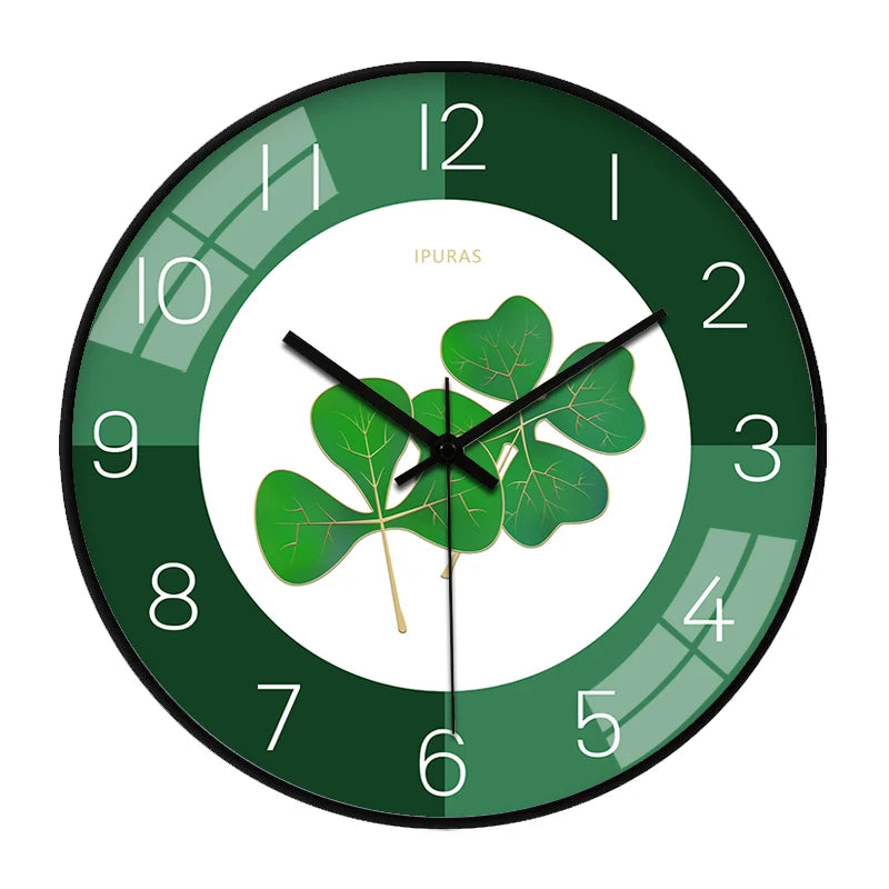 Horloge Mural Ronde Feuilles Vertes Moderne Silencieuse