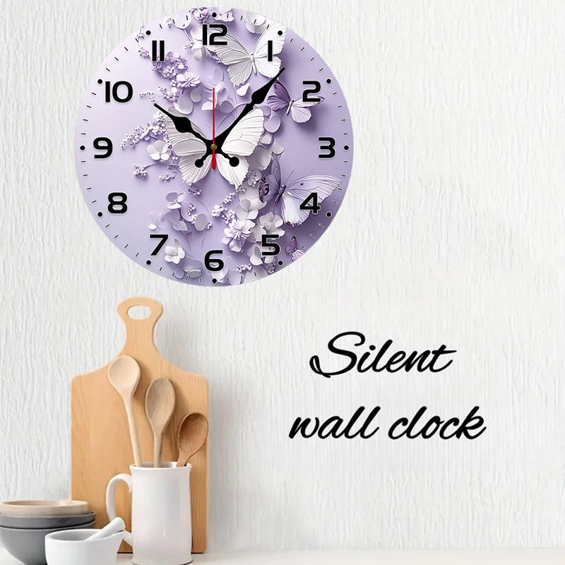 Horloge Mural Bois Ronde Silencieuse Papillons Violets