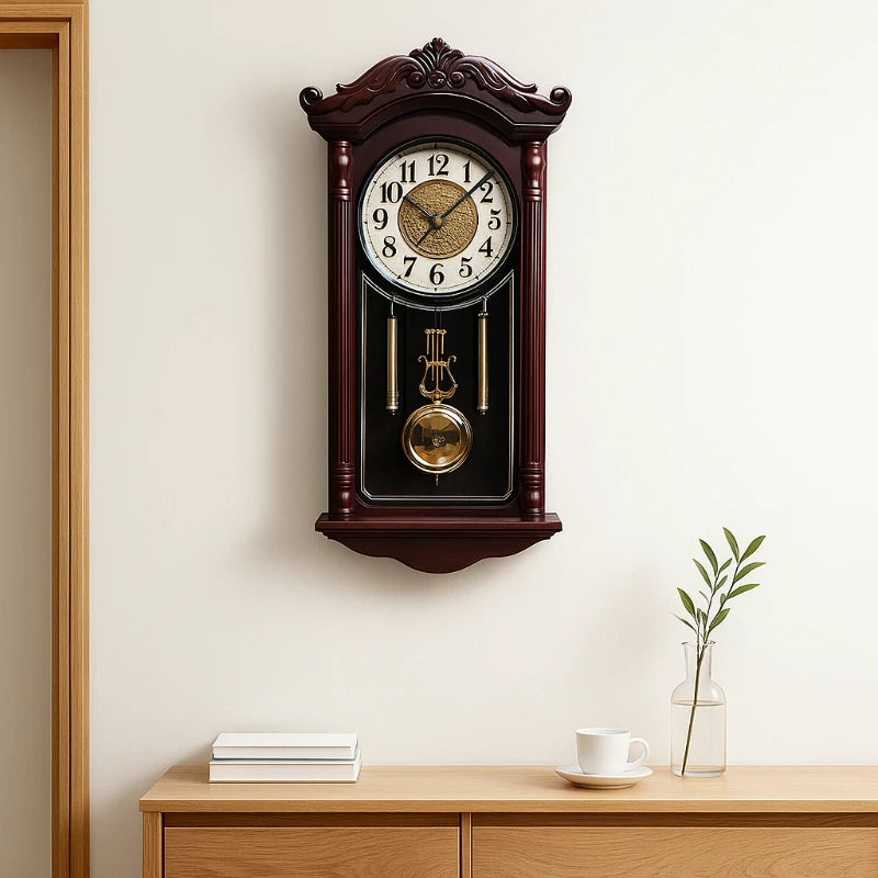 Horloge Mural Vintage Effet Bois Balancier Silencieux Décorative