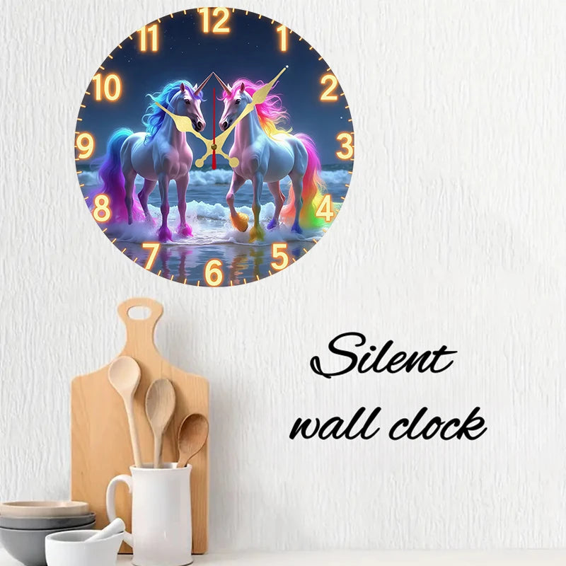 Horloge Mural Licorne Arc-en-ciel Silencieuse Bois Rond