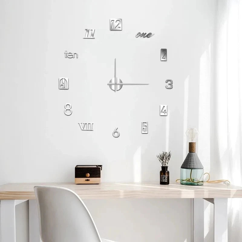 Horloge Mural DIY Géante Chiffres Romains Miroir Acrylique 3D