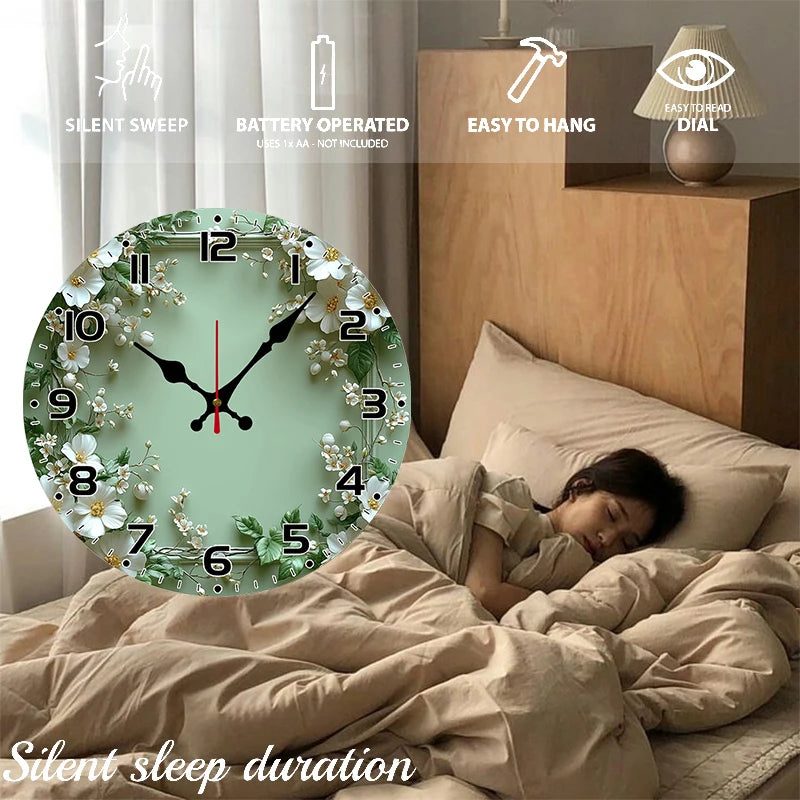 Horloge Mural Bois Ronde Couronne Verte Silencieuse Romantique