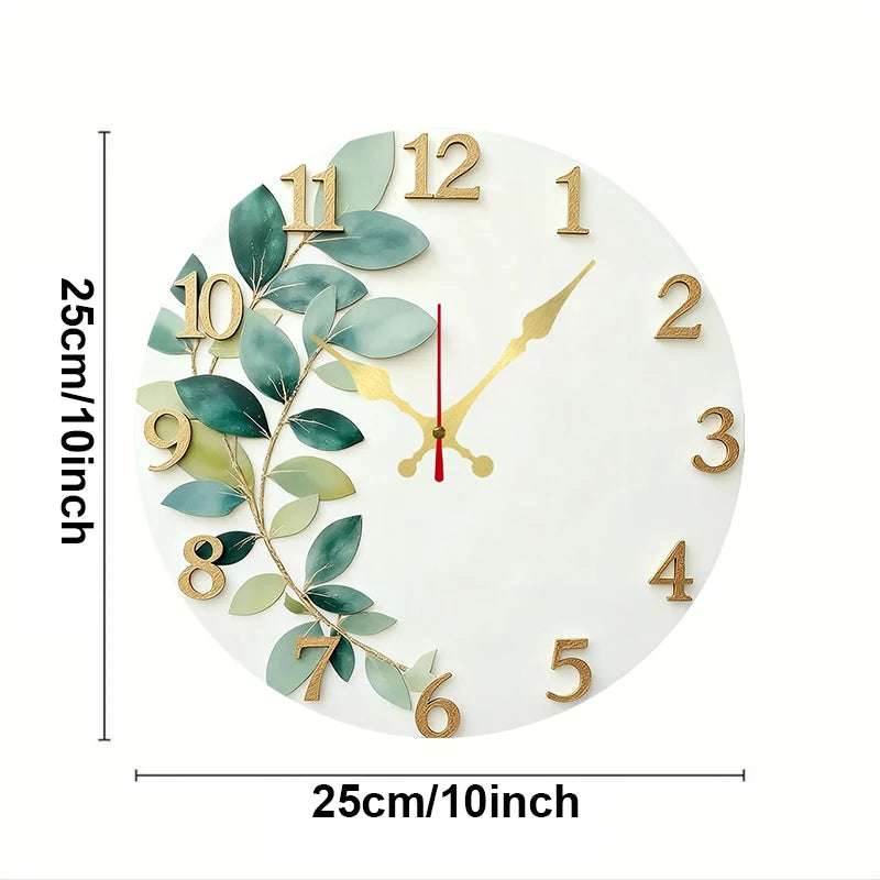 Horloge Mural Bois Ronde Silencieuse Feuille Verte Déco.