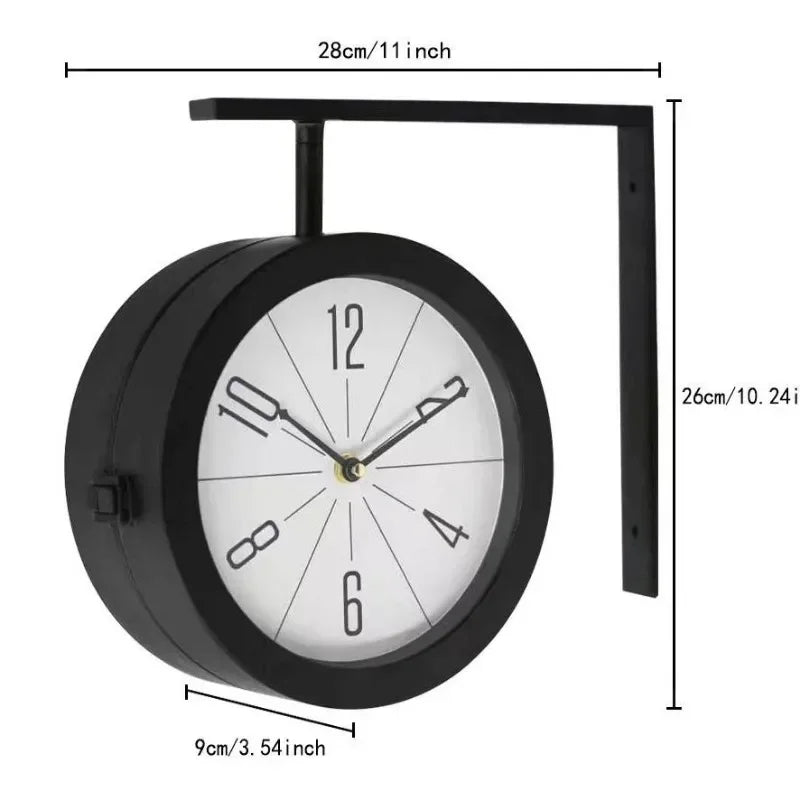Horloge Mural Double-Face Fer Forgé Nordique Salon Silencieuse