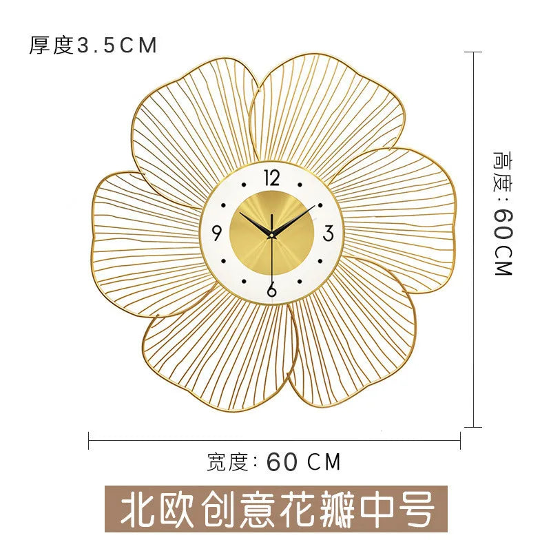 Horloge Mural Grande Pivoine Dorée Métal Luxe Silencieuse