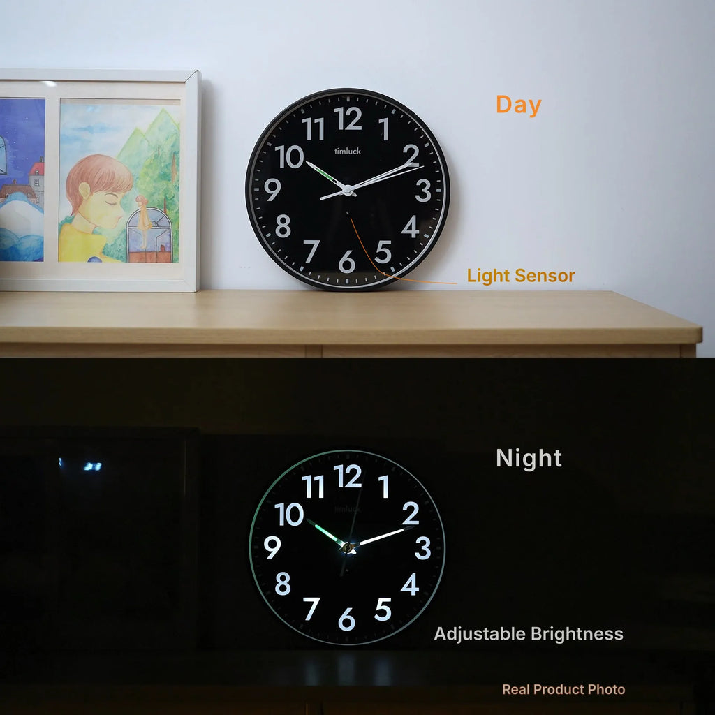 Silent Non-ticking LED Wall Clock with Light Sensor, Auto-Illuminated Numbers & Hands, Adjustable Brightness, Non-Fluorescent