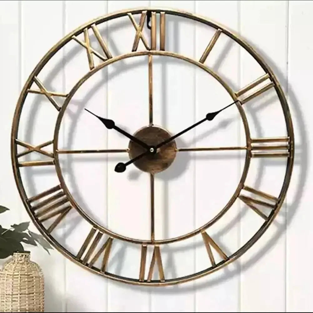 Horloge Murale Géante 3D Rétro Chiffres Romains Métal Silencieuse
