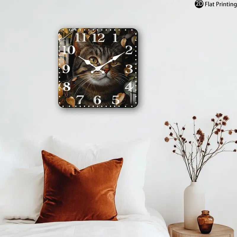 Horloge Mural Vintage Chat Tigré Bois Silencieuse Quartz