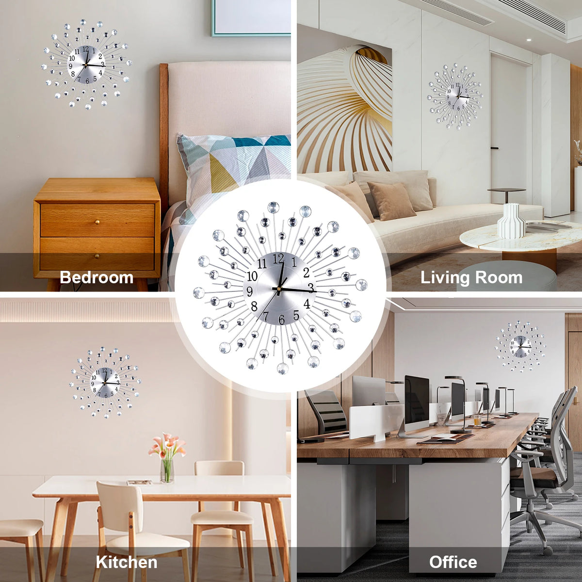 Horloge Murale Argentée Solaire Diamant Déco Européenne