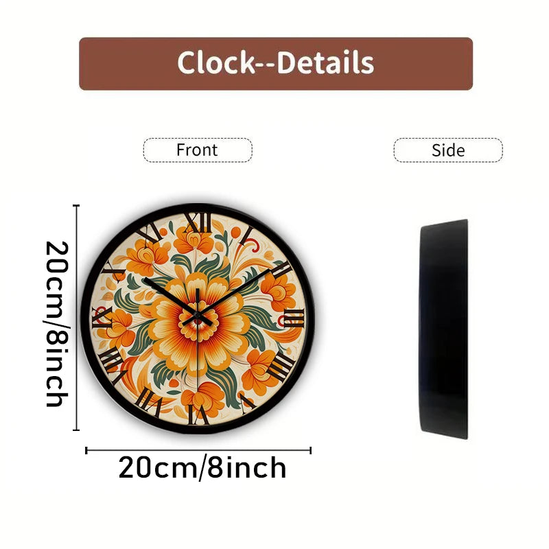 Horloge Murale Vintage Orange Florale Silencieuse Chambre Enfant