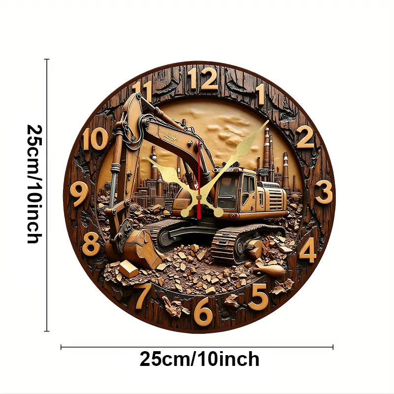 Horloge Mural Bois Excavatrice Industrielle Silencieuse Déco
