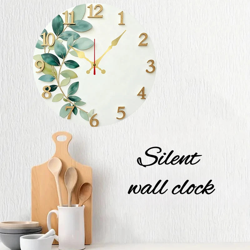 Horloge Mural Bois Ronde Silencieuse Feuille Verte Déco.