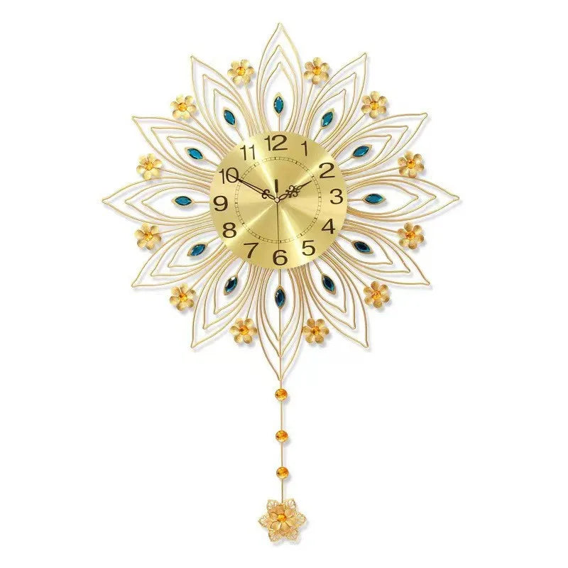 Horloge Mural Métal Luxe Paon Fleur Silencieux Quartz