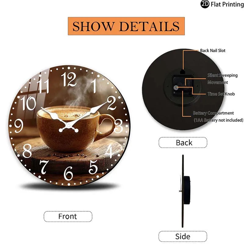 Horloge Mural Silencieuse Bois Tasse Café Vapeur