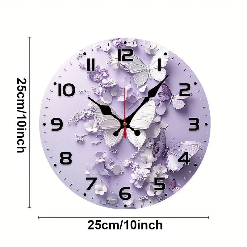 Horloge Mural Bois Ronde Silencieuse Papillons Violets
