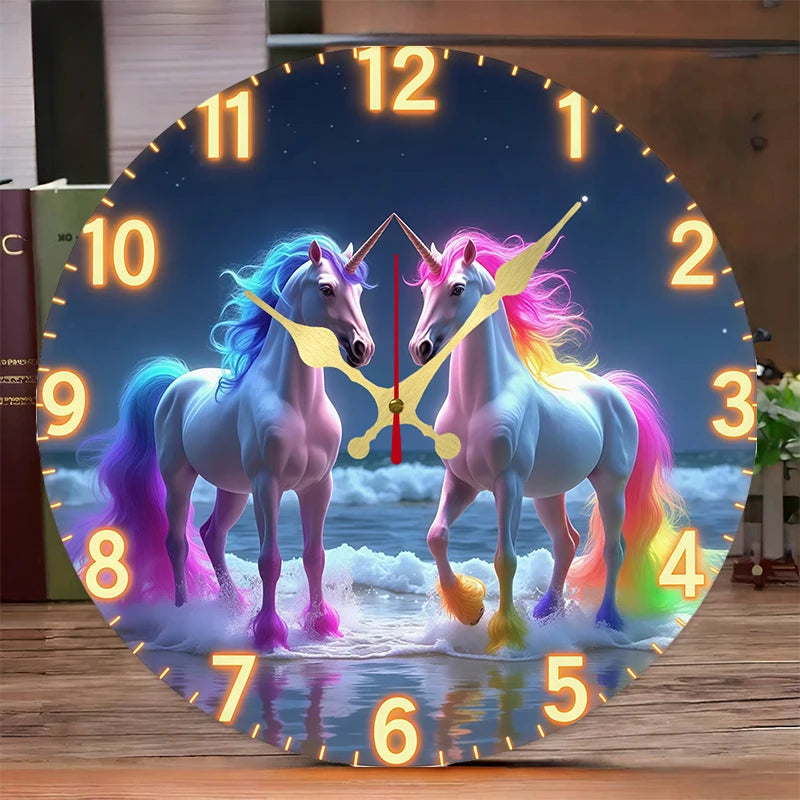 Horloge Mural Licorne Arc-en-ciel Silencieuse Bois Rond