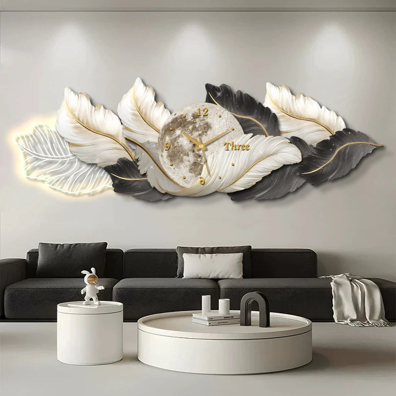 Horloge Mural Moderne Luxe Plume Salon Déco