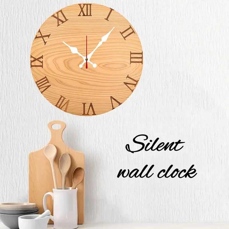 Horloge Mural Bois Pin Chiffres Romains Silencieuse Décoration
