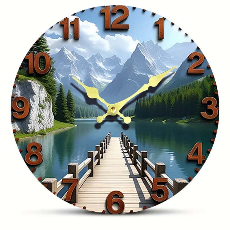 Horloge Mural Bois Ronde Motif 3D Silencieuse