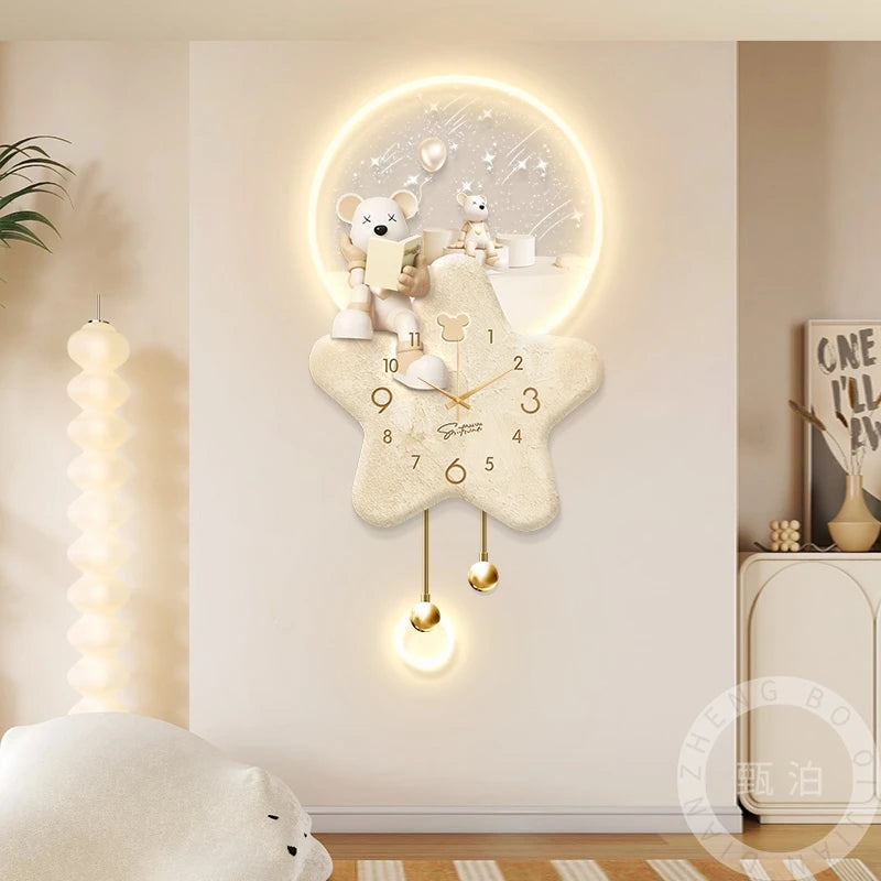 Horloge Mural Ours Cartoon Crème LED Silencieuse Salon