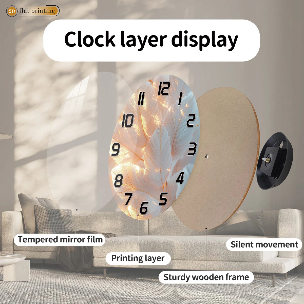 Horloge Mural Plumes Blanches Délicates Design Flou Sérène