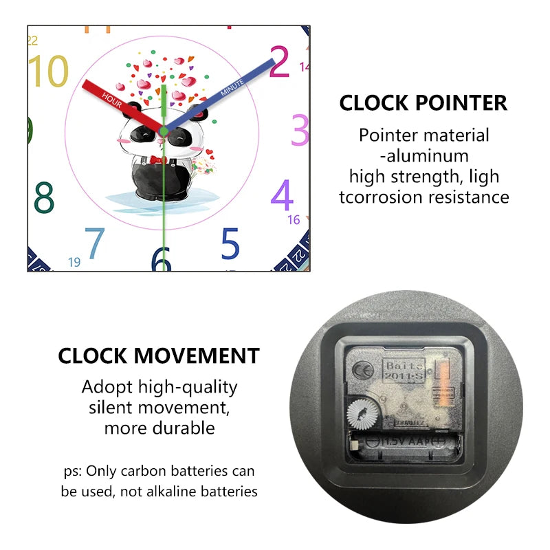 Horloge Mural Panda Enfant Chiffres Colorés Pédagogique Silencieuse