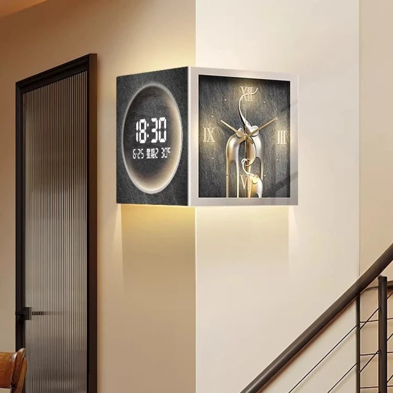 Horloge Mural D'angle Double Face LED Moderne Silencieuse.