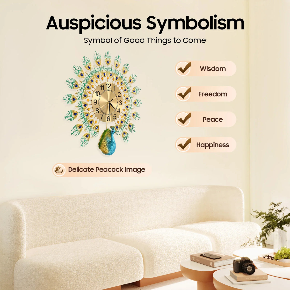 Horloge Mural Paon Coloré Métal Géante Rustique