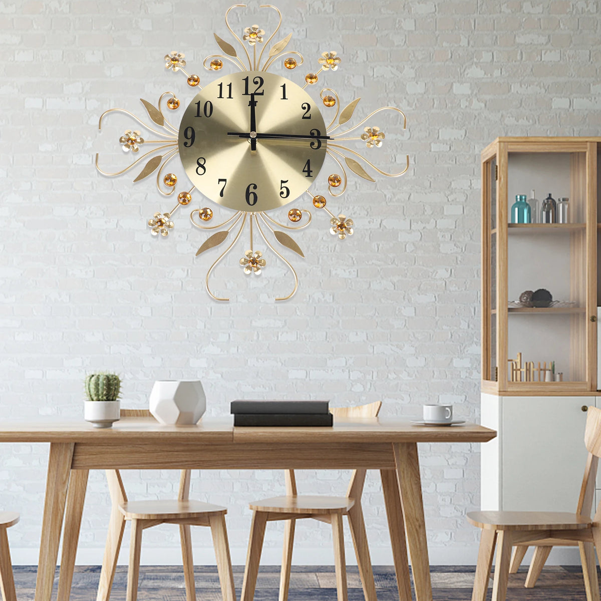 Horloge Mural Or Métal Strass Fleur Déco Salon